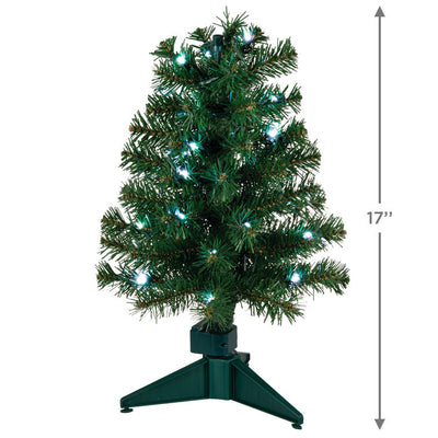 17-inch pre-lit green tabletop Christmas tree with white lights, part of ShowToppers system for sound and light synchronization.