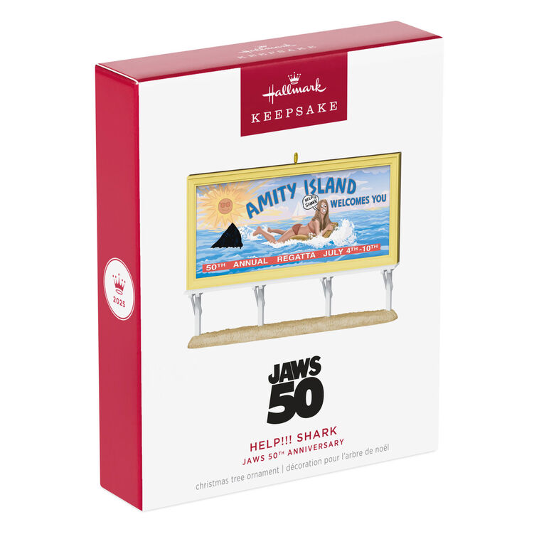 Jaws 50th Anniversary ornament, Amity Island billboard, lenticular image, shark fin, Hallmark Keepsake Christmas decoration.