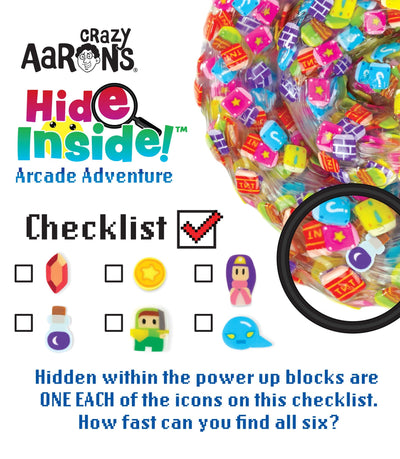 Arcade-themed Crazy Aaron's Hide Inside Thinking Putty with 6 hidden pieces and vibrant colors for sensory and puzzle play.