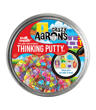 Arcade-themed Crazy Aaron's Hide Inside Thinking Putty with 6 hidden pieces and vibrant colors for sensory and puzzle play.