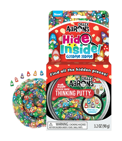 Crazy Aaron’s Gnome Home Thinking Putty with hidden gnomes and colorful mushrooms; sensory-safe, non-toxic tactile play for all ages. 