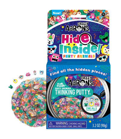 Crazy Aaron’s Party Animals Thinking Putty with 6 hidden festive faces; fun, sensory-safe tactile play for kids and adults.