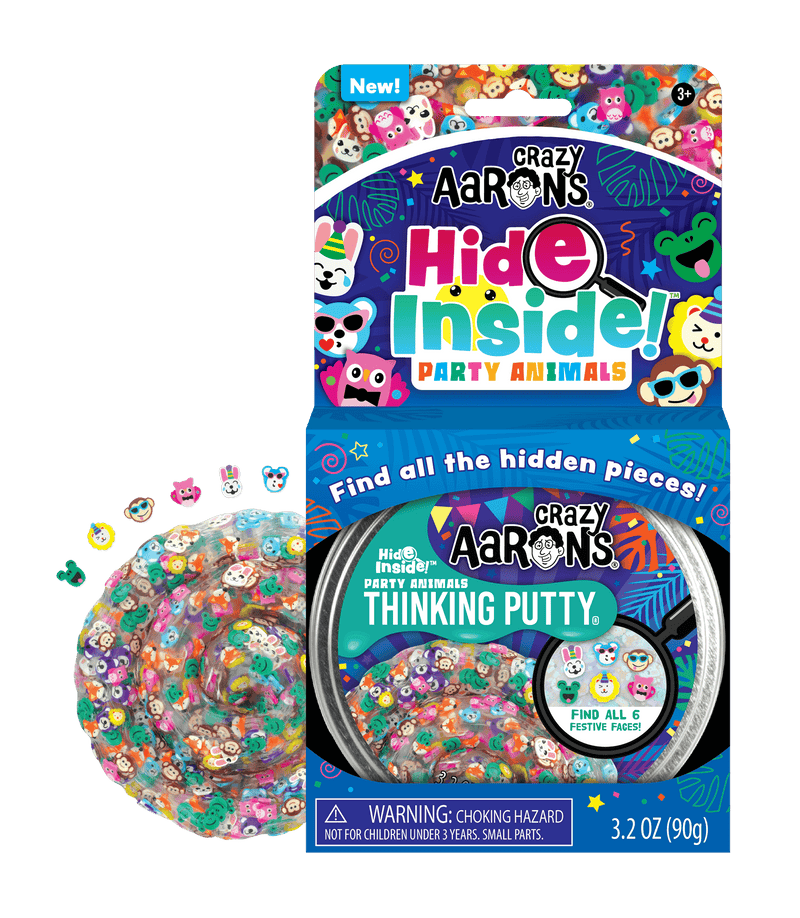 Crazy Aaron’s Party Animals Thinking Putty with 6 hidden festive faces; fun, sensory-safe tactile play for kids and adults.