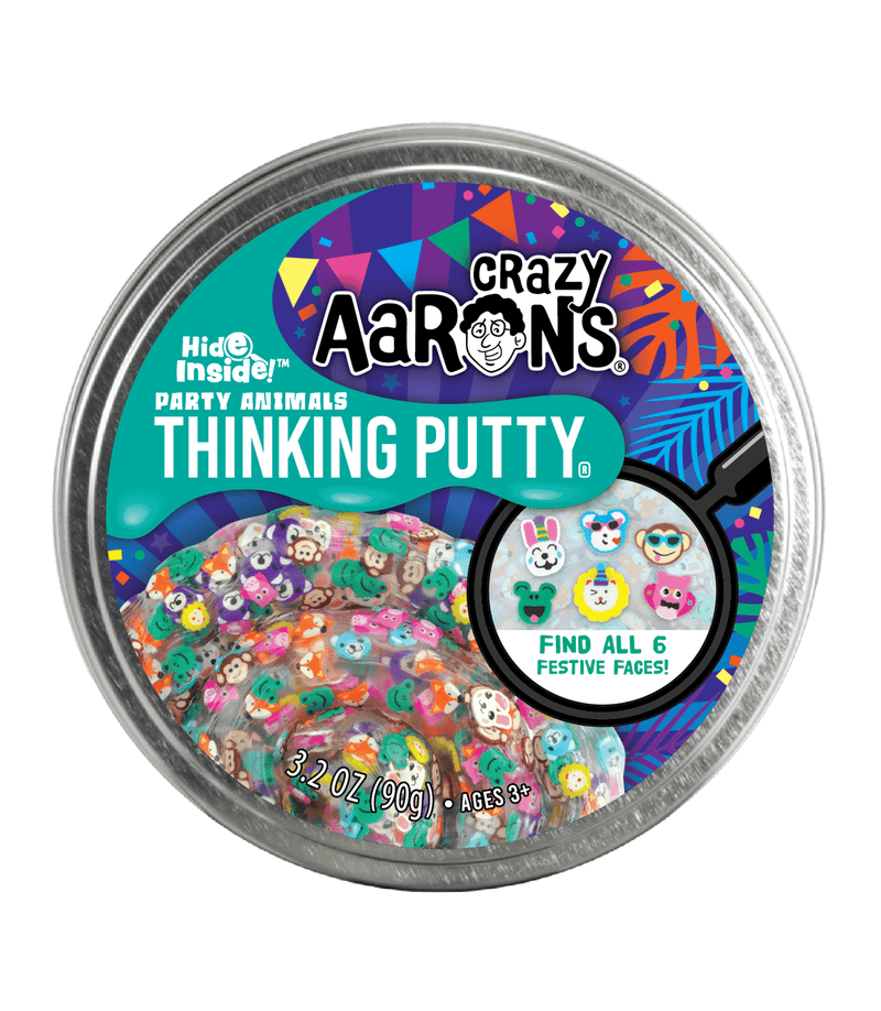 Crazy Aaron’s Party Animals Thinking Putty with 6 hidden festive faces; fun, sensory-safe tactile play for kids and adults.