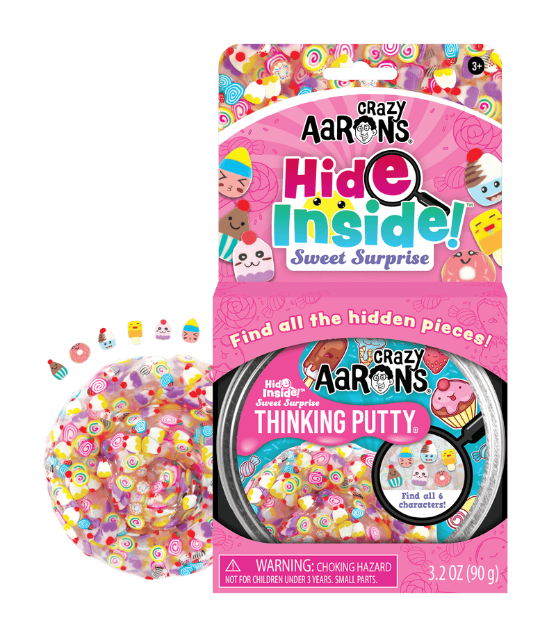 Crazy Aaron’s Sweet Surprise Thinking Putty with hidden candy characters; sensory-safe, non-toxic fun for tactile play and focus