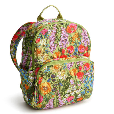 Vera Bradley Small Banbury Backpack in Meadow Bouquet with floral print, multiple zip compartments, and adjustable straps for hands-free convenience.
