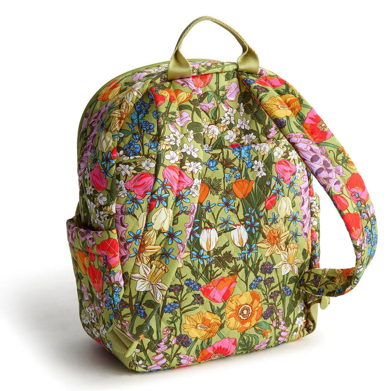 Vera Bradley Small Banbury Backpack in Meadow Bouquet with floral print, multiple zip compartments, and adjustable straps for hands-free convenience.
