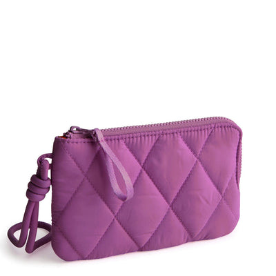 Vera Bradley Iris Orchid zip wristlet with floral print, wrist strap, and card slip pockets for compact organization.