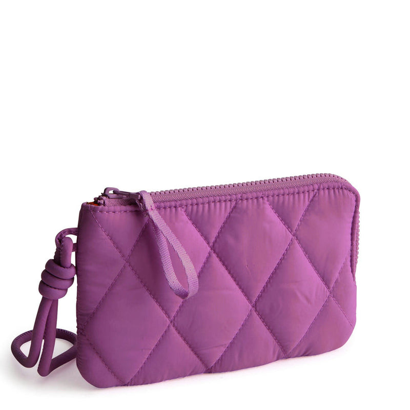 Vera Bradley Iris Orchid zip wristlet with floral print, wrist strap, and card slip pockets for compact organization.