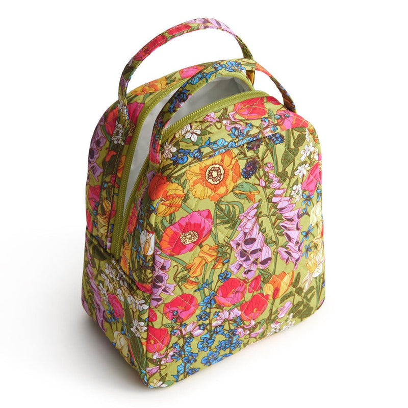 Floral insulated lunch bag with zipper closure and top handle in Meadow Bouquet pattern