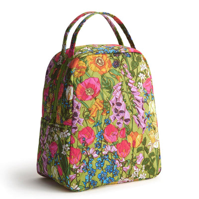 Floral insulated lunch bag with zipper closure and top handle in Meadow Bouquet pattern