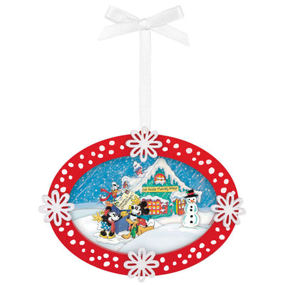 Hallmark Keepsake Disney Mickey and Friends Sending Season’s Greetings Papercraft ornament, Mickey, Minnie, Donald, Pluto, mailbox, holiday scene.
