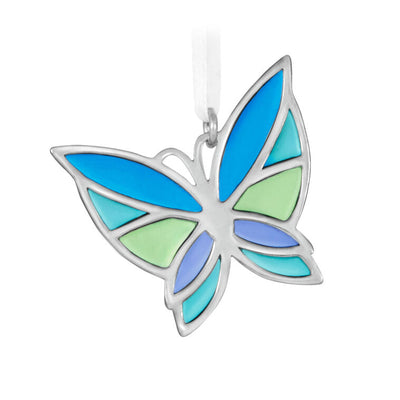 Mini Bitty Bright Butterfly miniature Christmas tree ornament with blue and green metal wings and shiny silver detailing