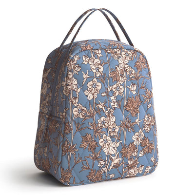 Insulated lunch bag with floral pattern and zipper closure in Larkspur Delphinium design