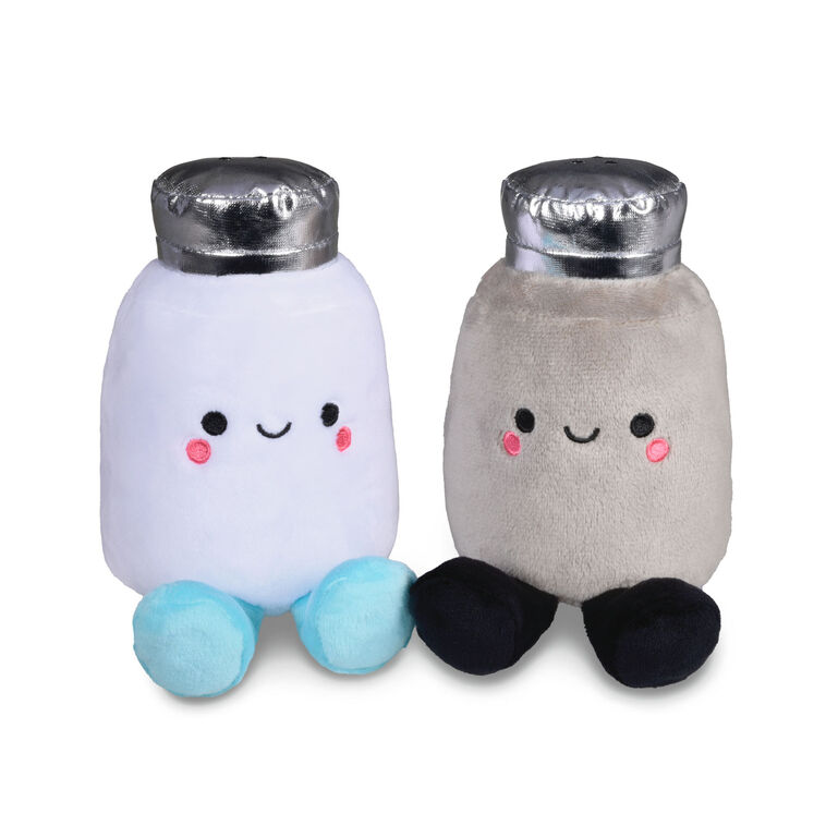 Plush salt and pepper shaker stuffed toys with smiling faces and magnetic connectors for gifting couples or friends.
