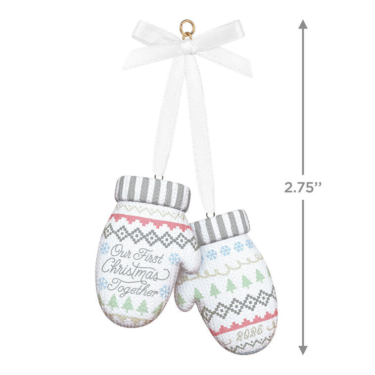 Porcelain Christmas ornament with pair of colorful knit mittens and “Our First Christmas Together 2025” message

