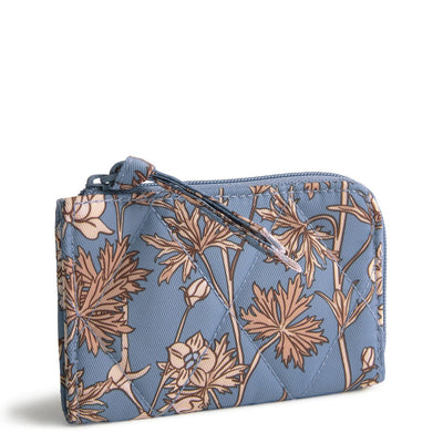 Vera Bradley Larkspur Delphinium zip card pouch with hinge ring, compact minimalist wallet for cards and cash.
