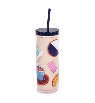 The tumbler is made of acrylic and has a double-walled design to help keep drinks hot or cold