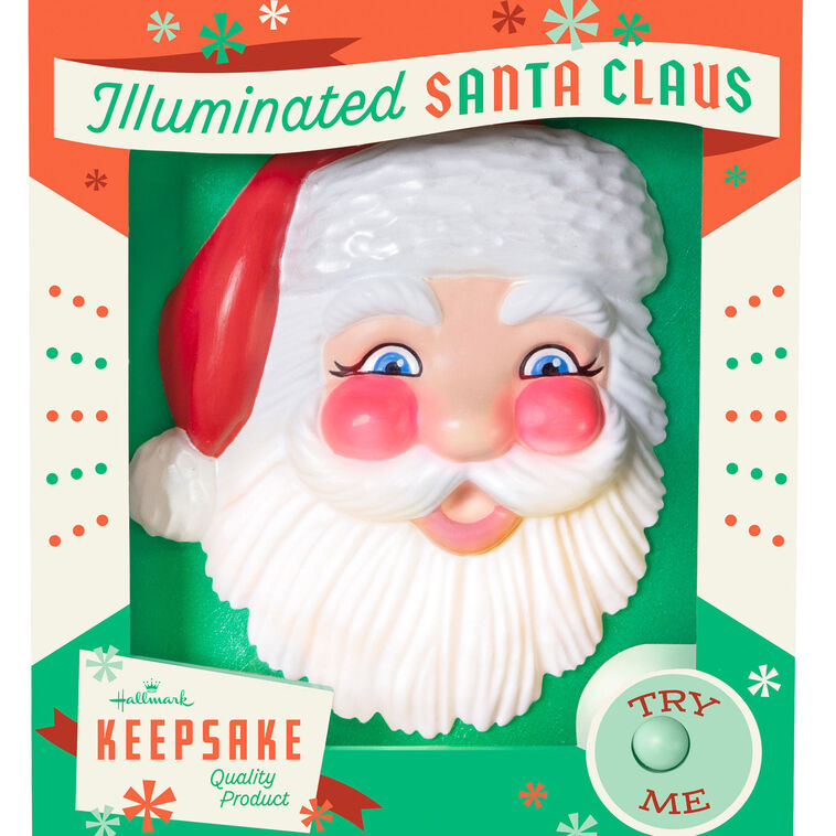 Retro Santa face ornament in festive box with light-up rosy cheeks and beard, battery operated Christmas decoration

