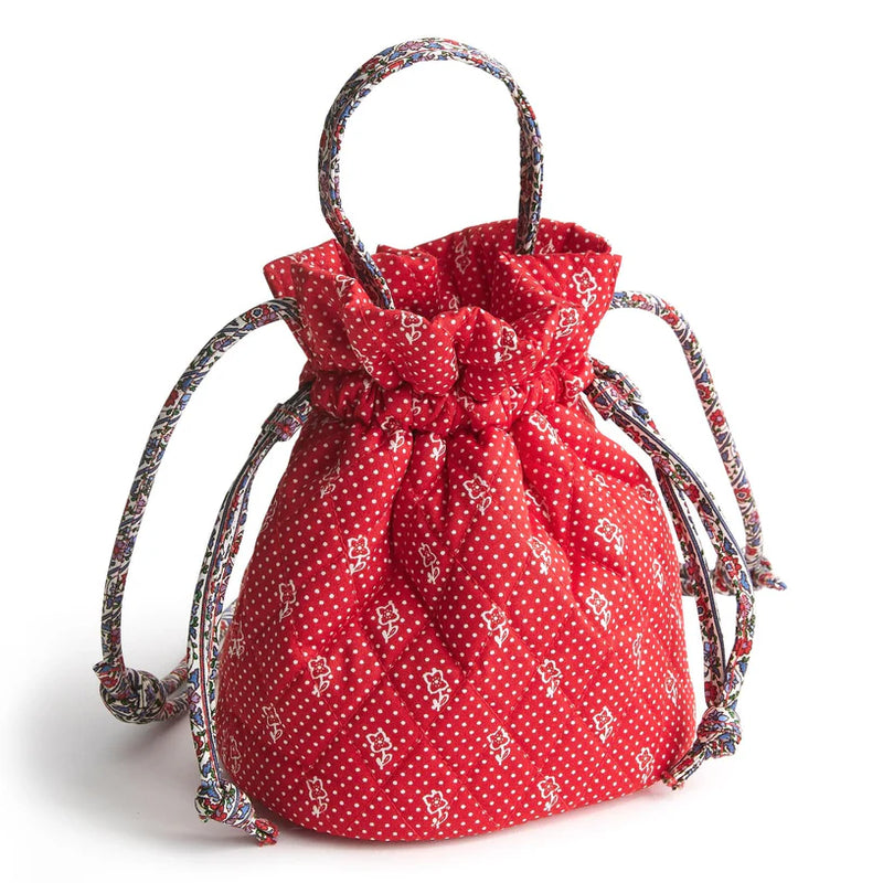 Dotty Floral Vera Bradley drawstring crossbody bag with pouch-style shape and adjustable strap
