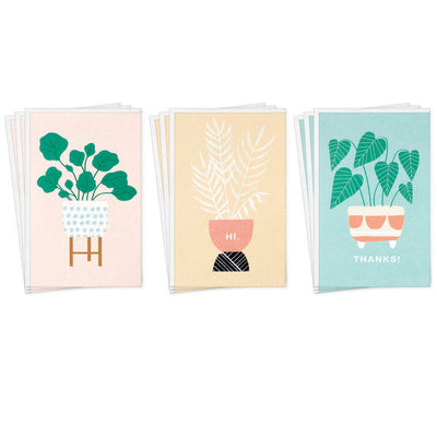 Mini blank note cards with pastel potted plant illustrations on colorful backgrounds, 12-pack with foil accents and matte finish.
