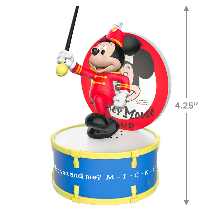Mickey Mouse as bandleader in red outfit conducts with baton on drum stage in this musical Disney Christmas ornament with light.