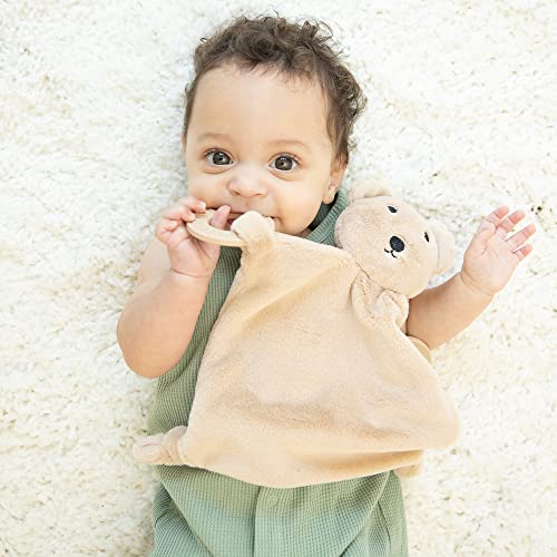 Adorable plush Bernie the Bear teether with rattling head, soft cuddle fabric, and textured silicone teething rings.