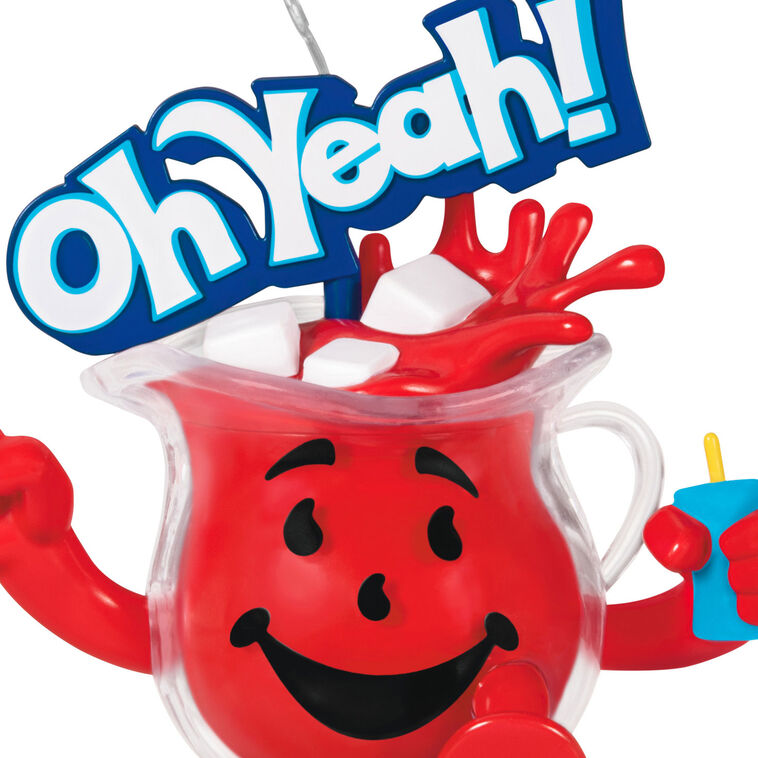 Hallmark Kool-Aid Man ornament with "Oh Yeah!" text, red cherry drink pitcher design and ice cubes.