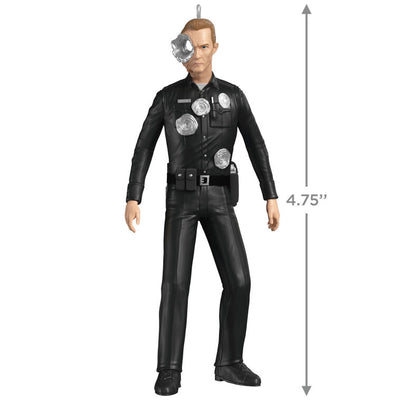 T-1000 Terminator ornament in black police uniform with liquid-metal sculpting from Judgment Day.