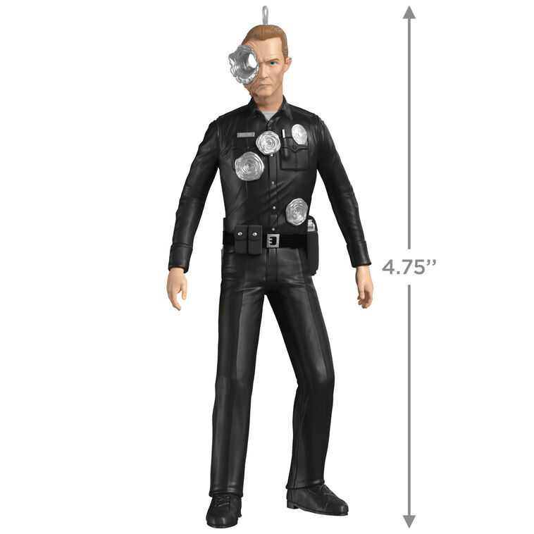 T-1000 Terminator ornament in black police uniform with liquid-metal sculpting from Judgment Day.