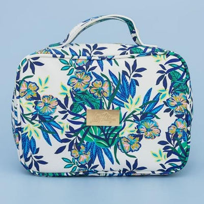 Lilly Pulitzer Cosmetic Travel Case in vibrant ‘The Hottest Spot’ pattern with gold zippers, vinyl window, and top grab handles.

