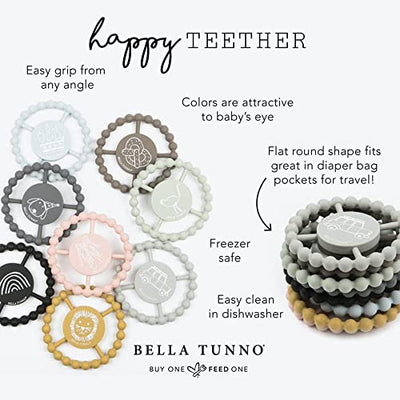 Silicone teething toy in the shape of a circle with 'Bruh' phrase and soft textured design for soothing sore baby gums.