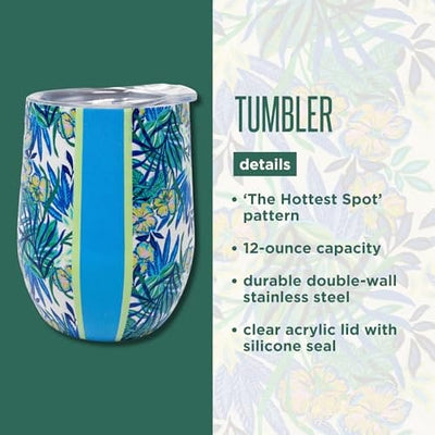 Insulated 12 oz stemless tumbler featuring Lilly Pulitzer's The Hottest Spot navy pattern with a secure lid and sleek design for beverages on-the-go.