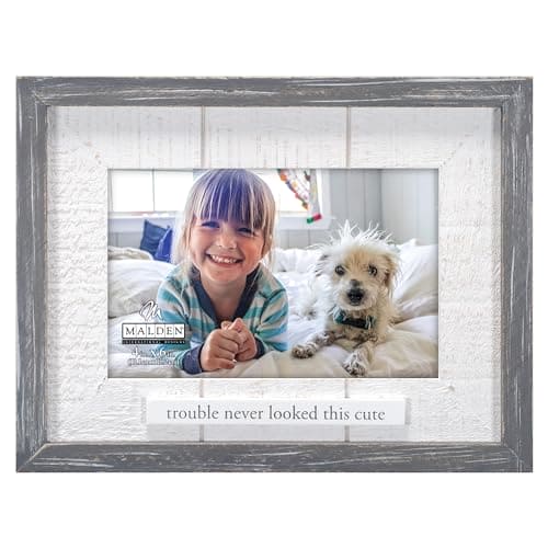 Malden 4x6 frame with rustic gray wood and white mat, featuring “Trouble Never Looked This Cute” printed on a plaque.

