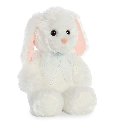 White plush bunny rabbit with pink ears and blue neck bow.