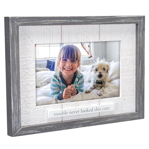 Malden 4x6 frame with rustic gray wood and white mat, featuring “Trouble Never Looked This Cute” printed on a plaque.

