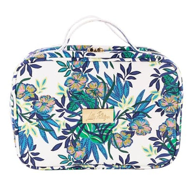 Lilly Pulitzer Cosmetic Travel Case in vibrant ‘The Hottest Spot’ pattern with gold zippers, vinyl window, and top grab handles.

