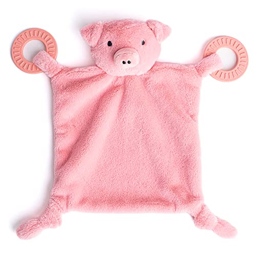 Adorable Penny the Pig teether with rattling head, soft plush body, and textured silicone teething rings.