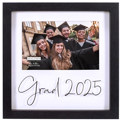 Black shadowbox photo frame with “Grad 2025” screenprinted on glass, holds 4x6 photo with white beveled mat.

