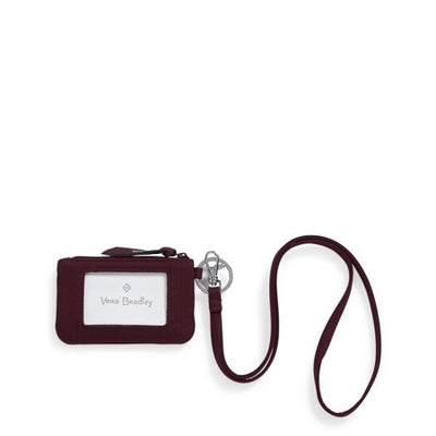 Compact zip ID lanyard in mulled wine with key ring, ID window, card and cash compartments, and hands-free strap
