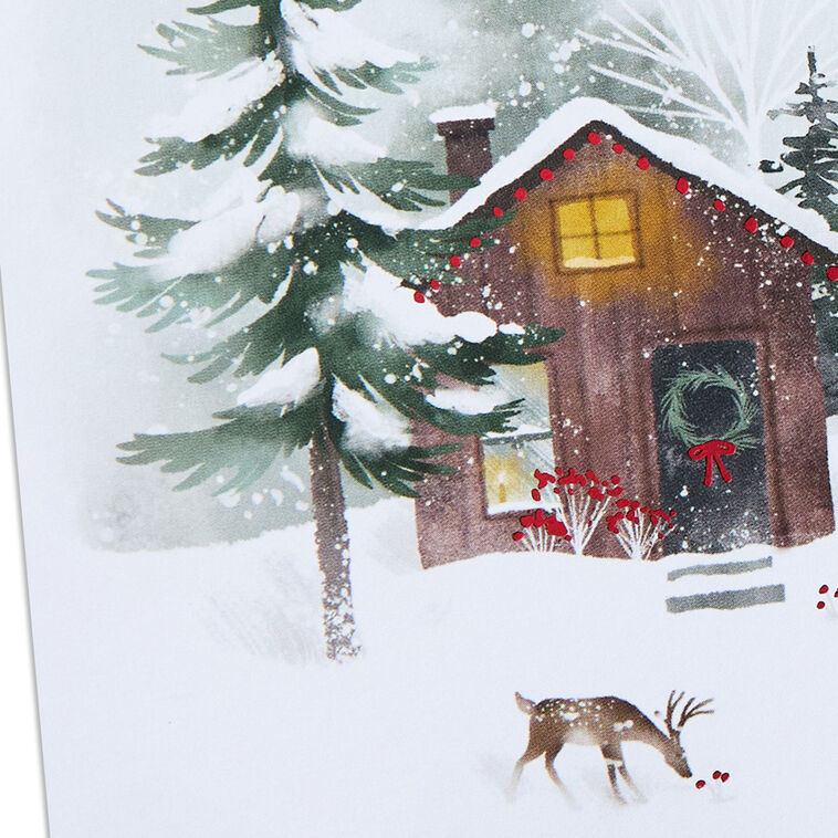 Snowy Cabin and Deer Packaged Christmas Cards, Set of 5