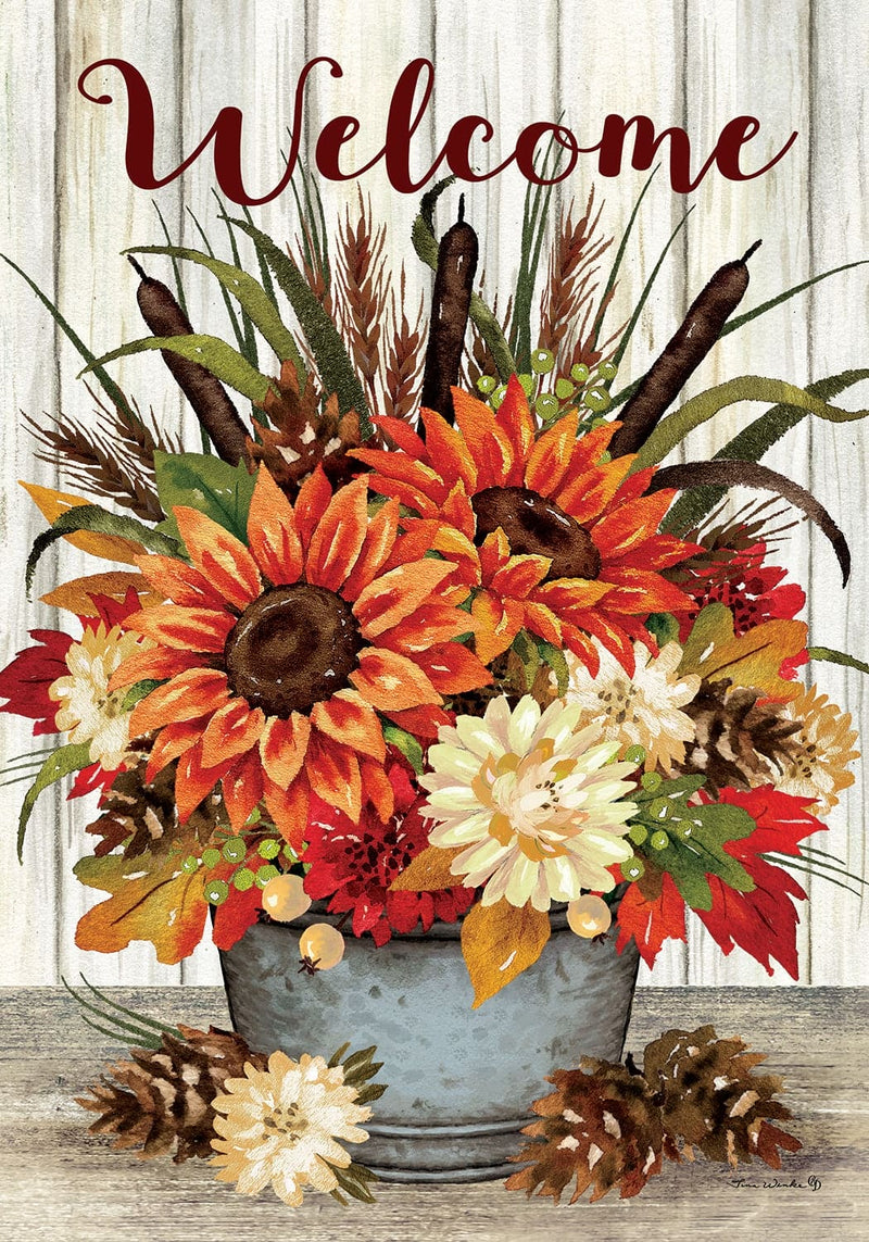 Custom Decor garden flag featuring sunflowers and cattails, double-sided on soft, fade-resistant heavyweight fabric. Measures 12" x 18".
