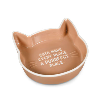 Cat-shaped terra-cotta trinket dish with debossed “Cats make every place a purrfect place” text.