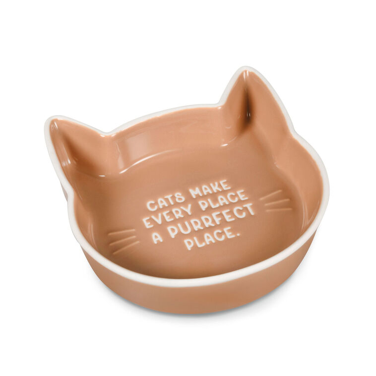 Cat-shaped terra-cotta trinket dish with debossed “Cats make every place a purrfect place” text.
