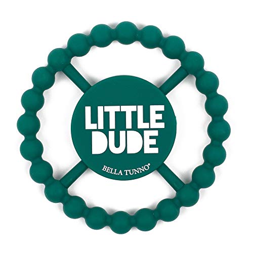 Round silicone baby teether with "Little Dude" printed on it, textured for teething relief, and easy for small hands to grip.