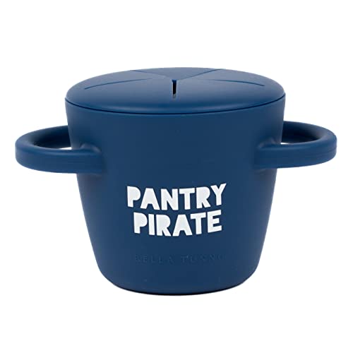 Bella Tunno Pirate Happy Snacker in navy blue, spill-proof silicone snack cup with easy-grip handles .