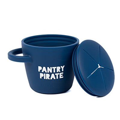 Bella Tunno Pirate Happy Snacker in navy blue, spill-proof silicone snack cup with easy-grip handles .