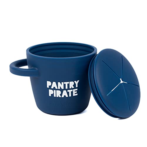 Bella Tunno Pirate Happy Snacker in navy blue, spill-proof silicone snack cup with easy-grip handles .