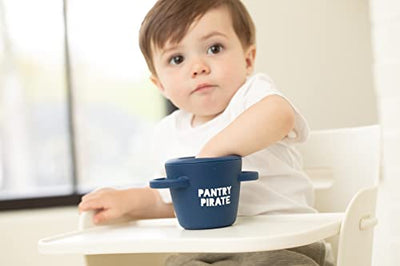 Bella Tunno Pirate Happy Snacker in navy blue, spill-proof silicone snack cup with easy-grip handles .