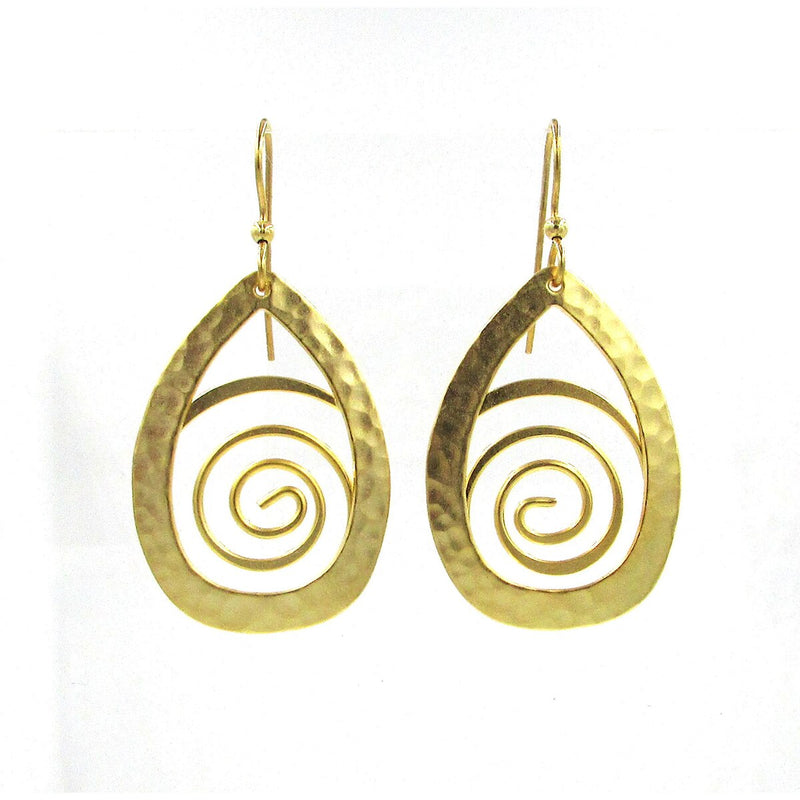 Gold-tone open teardrop earrings with swirling pattern and dangle design by Silver Forest.

